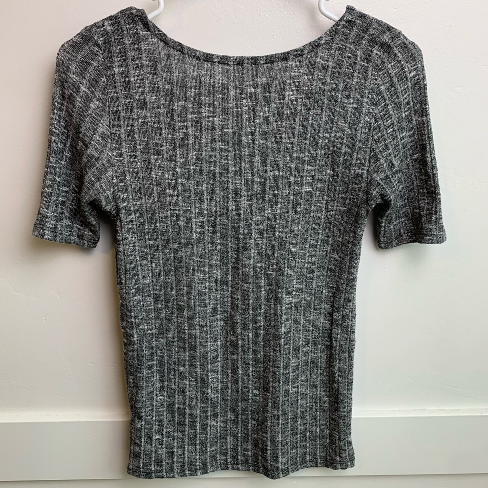 American Eagle Gray Ribbed Short Sleeve Lace Up Blouse - Picture 3 of 7